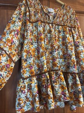 Floral Peasant Blouse with Smocked Neck Detail